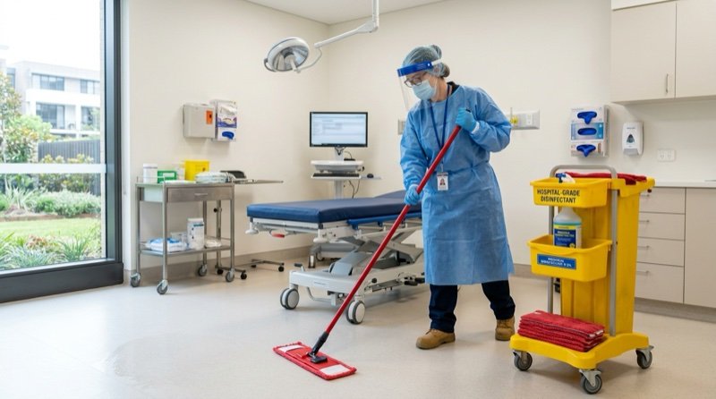 Commercial cleaner conducting clinical-grade sanitisation in a healthcare medical facility