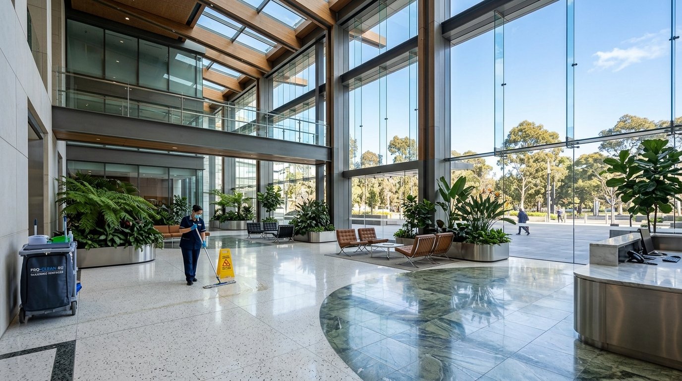 Facility manager conducting on-site cleaning review with operations supervisor
